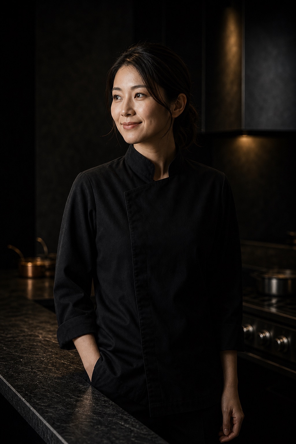 黒い厨房に立つ30代前半の女性シェフ佐伯蓮のポートレート