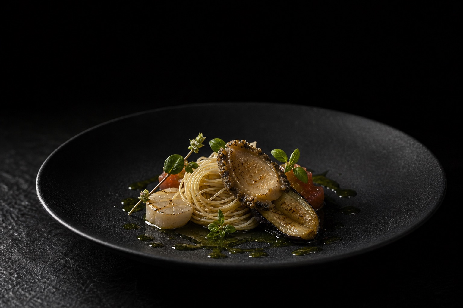 鮑と冷製パスタを黒い皿に盛った夏のコース料理