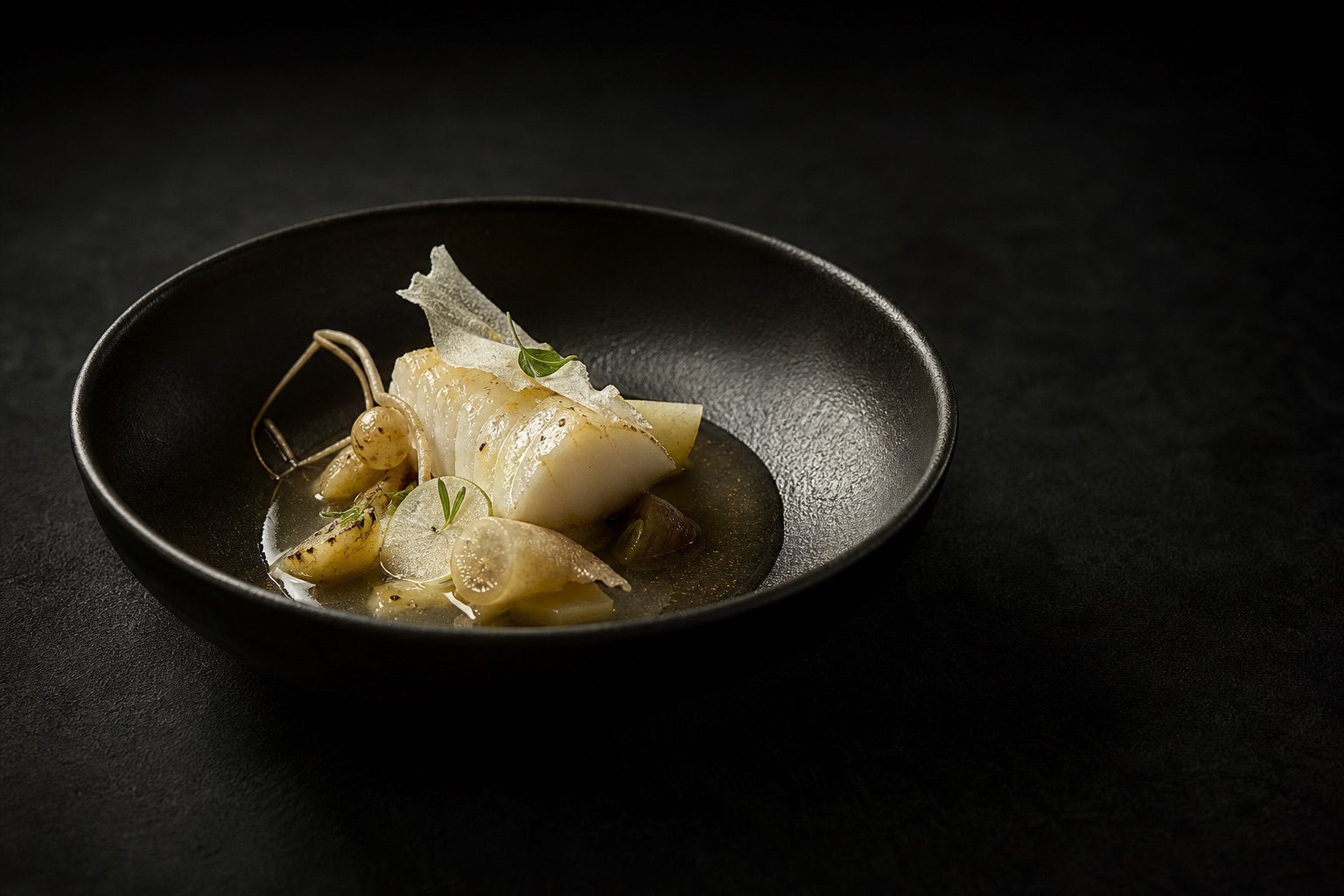 冬の根菜と白身魚を黒い器に合わせたコース料理