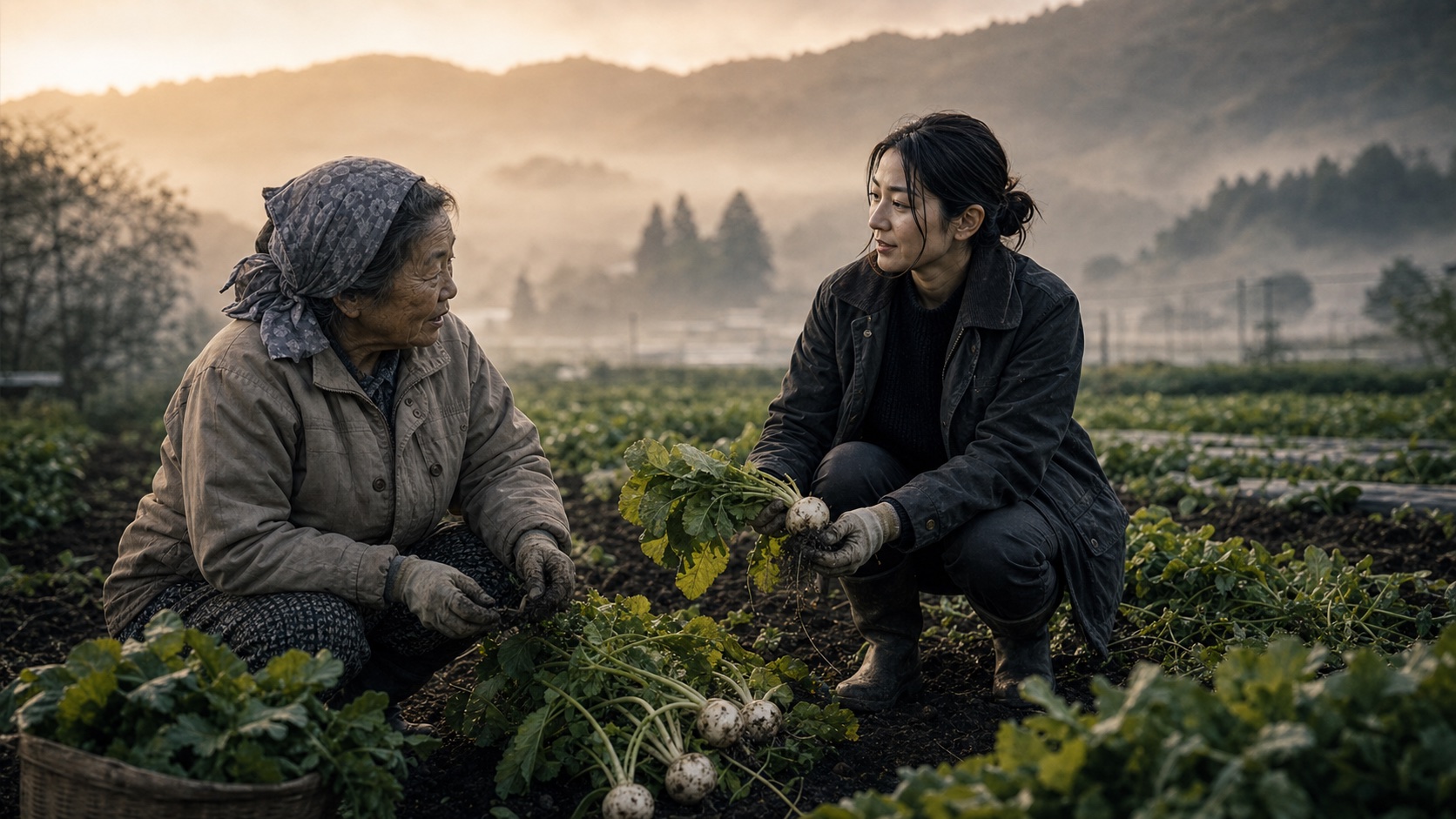 朝霧の畑で作業着を着て女性農家と野菜を手に話す女性シェフ佐伯蓮